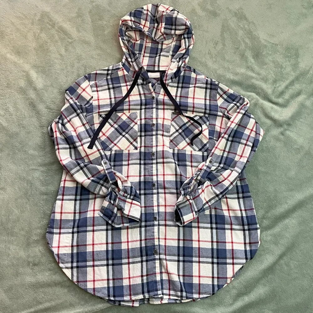 Columbia Flannel Womens XL Red White Blue Plaid Drawstring Button Up Hoodie - Picture 1 of 13